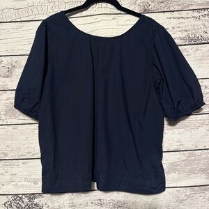 LOFT Navy Blue Blouse XL Puff Sleeve Scoop Neck Cotton Top